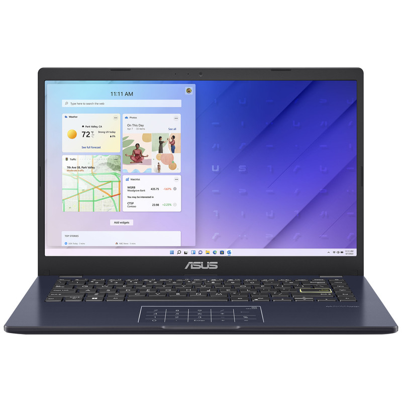 لپتاپ ایسوس مدل Vivobook Go 14 E410KA-CL464 با پردازنده Celeron N4500، رم DDR4 4GB با فرکانس 3200MHz، حافظه هیبریدی با ظرفیت 512GB حافظه SSD و 64GB حافظه eMMC با قابلیت ارتقا، نمایشگر 14 اینچ TN