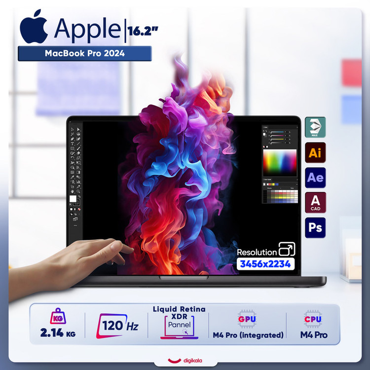 لپ تاپ 16.2 اینچی اپل مدل MacBook Pro MX2X3 2024 LLA-M4 Pro-24GB RAM-512GB SSD-Retina 120Hz