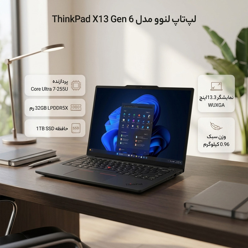 لپ تاپ 14 اینچی لنوو مدل ThinkPad X13 Gen 6-Core Ultra 7 255U-32GB LPDDR5X 8400MHz-1TB SSD-IPS-Backlit-Fingerprint-W Pro - کاستوم شده