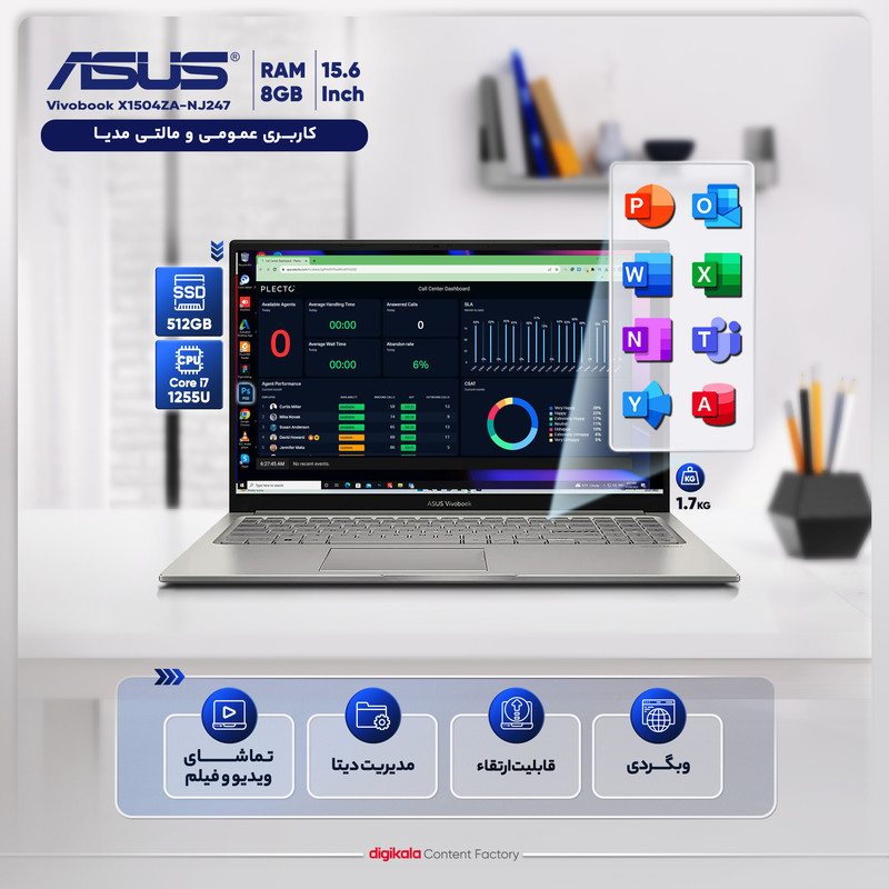 لپتاپ ایسوس مدل Vivobook X1504ZA-NJ247 با پردازنده Core i7-1255U، رم DDR4 8GB با فرکانس 3200MHz، حافظه SSD با ظرفیت 512GB، نمایشگر 15.6 اینچ IPS با وضوح Full HD